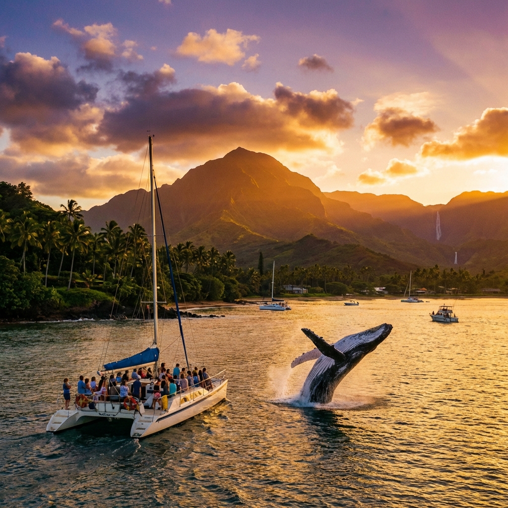 Scenic boat tour departing from Hanalei Bay at sunset during the 2026 Kauai whale season