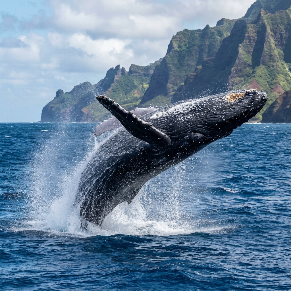 Majestic humpback whale breaching out of the water near Kauai North Shore cliffs