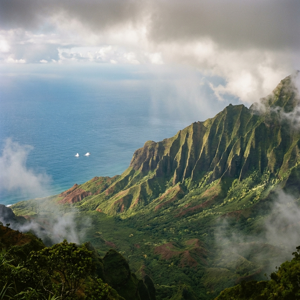 High altitude view of the Napali Coast from Kalalau Lookout with whales visible in the Pacific Ocean in 2026
