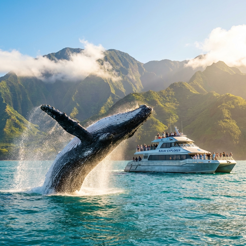 A large group of tourists on a catamaran watching a massive humpback whale breach off the coast of Kauai Hawaii
