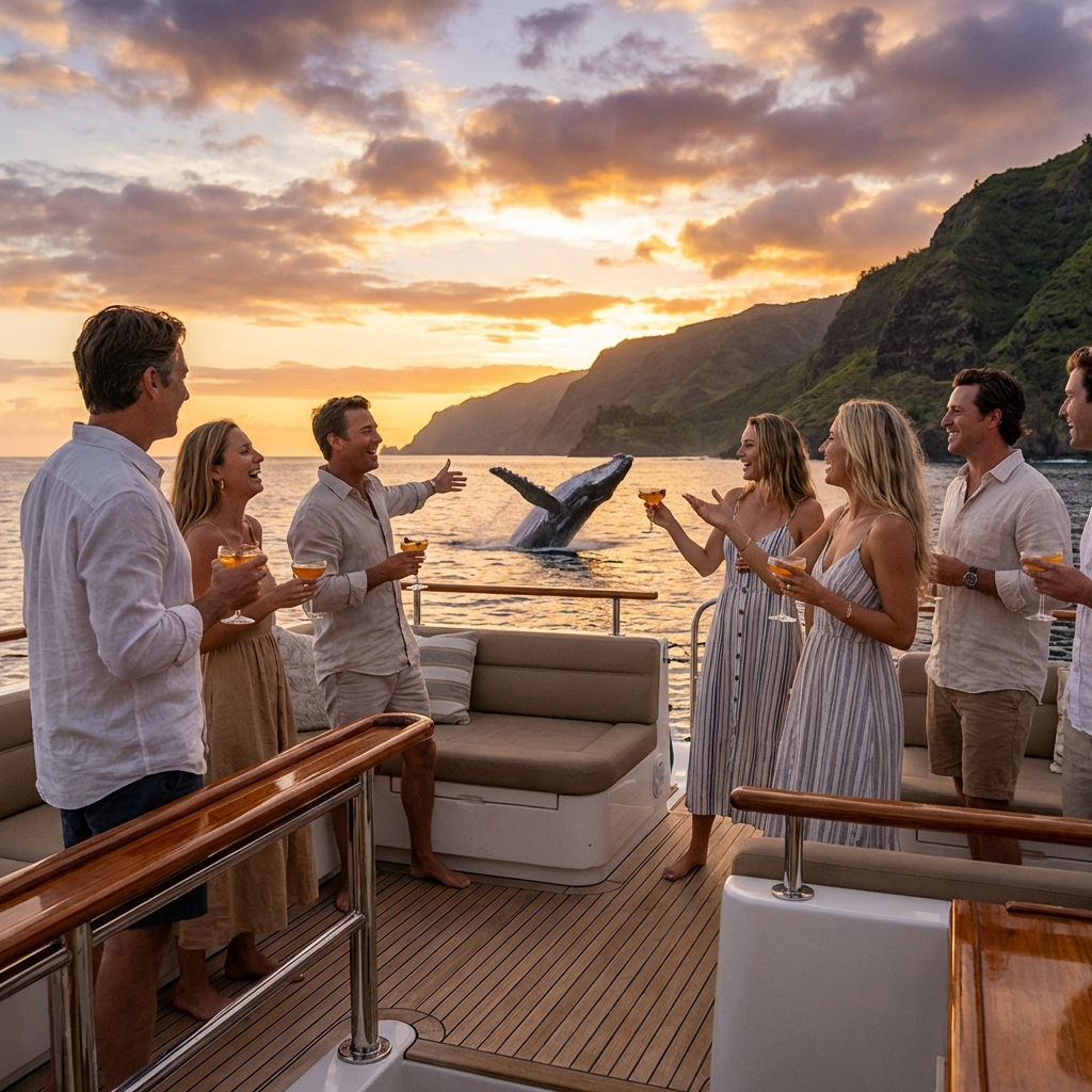 Premium Kauai whale watching cocktail tour at sunset with tourists enjoying drinks on deck