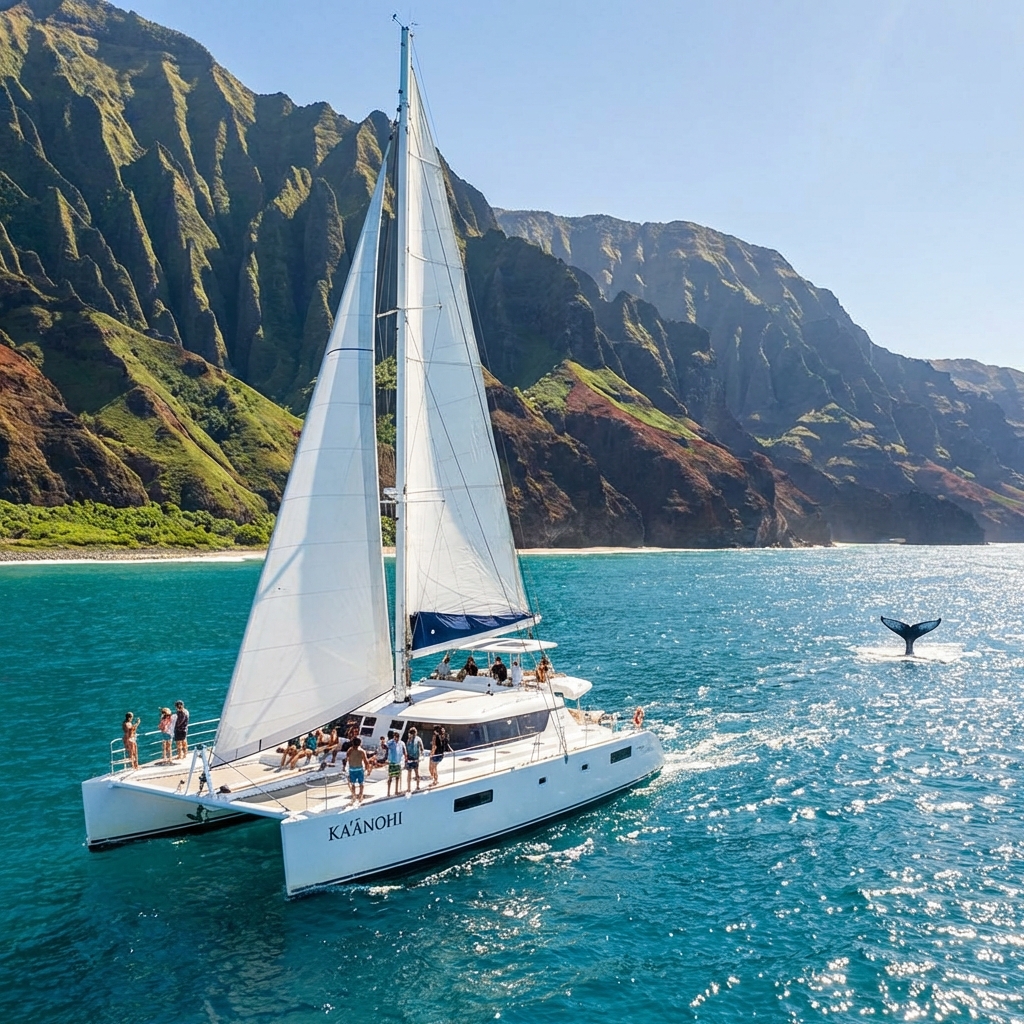 Luxury catamaran sailing along the Napali Coast during the 2026 Kauai whale season with humpback whales nearby