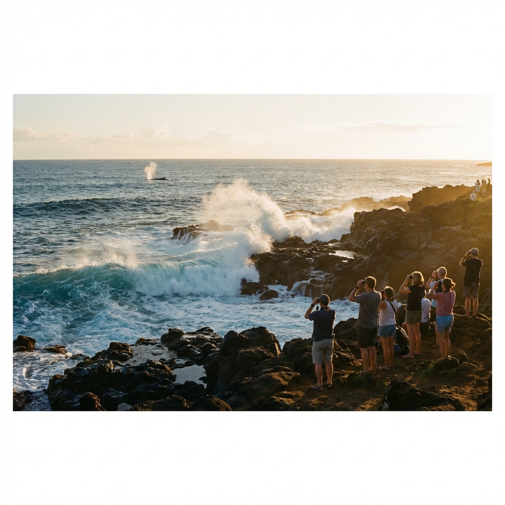 Waves crashing against the Poipu coast with whales on the horizon