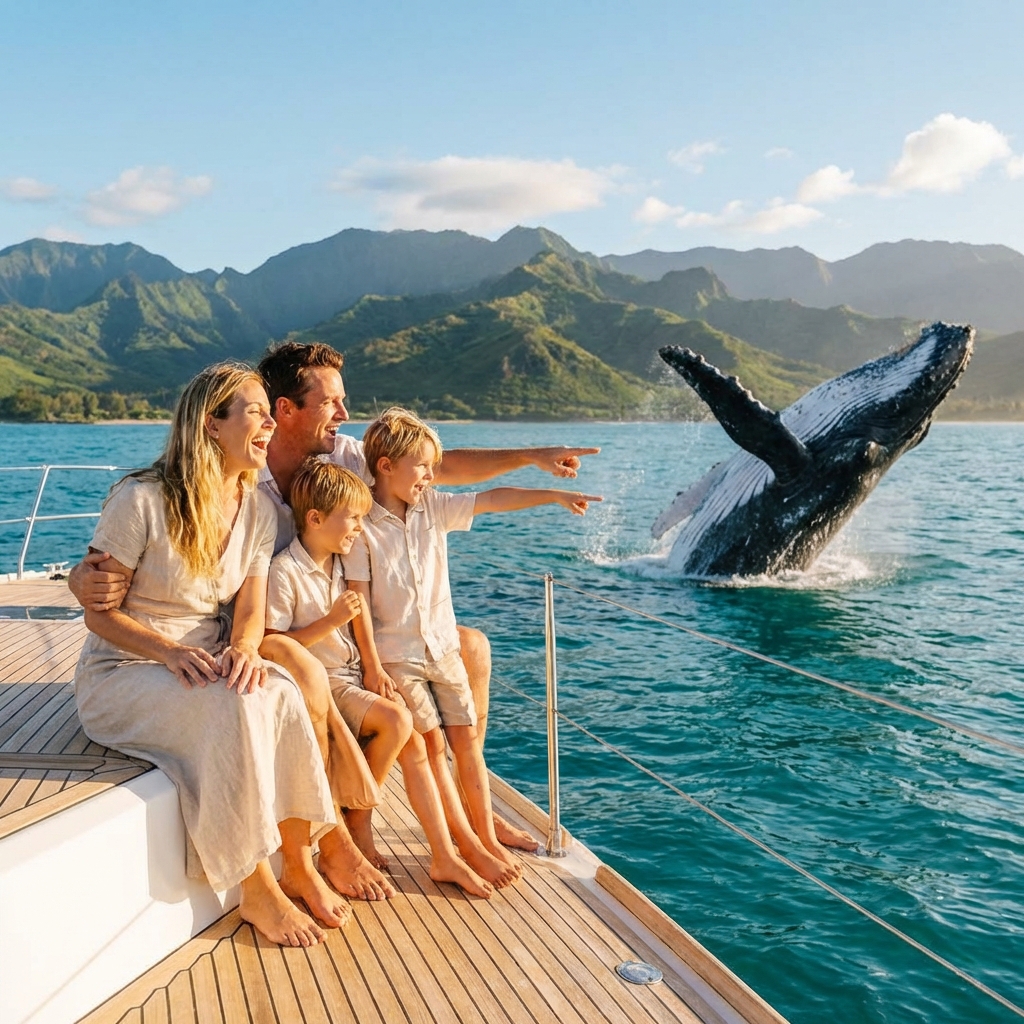 Happy family on a private whale watching boat charter in Kauai pointing at a breaching humpback whale