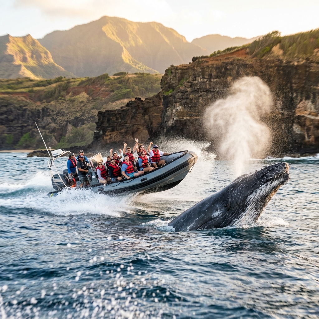 Fast zodiac raft adventure tour approaching humpback whales on the Poipu South Shore of Kauai