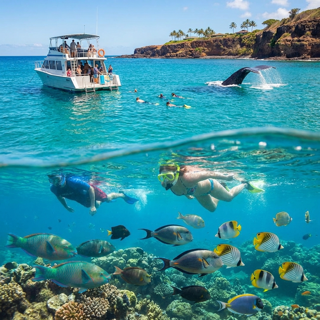 Kauai snorkel and whale watching combo adventure with tourists snorkeling near a reef and whales in the background