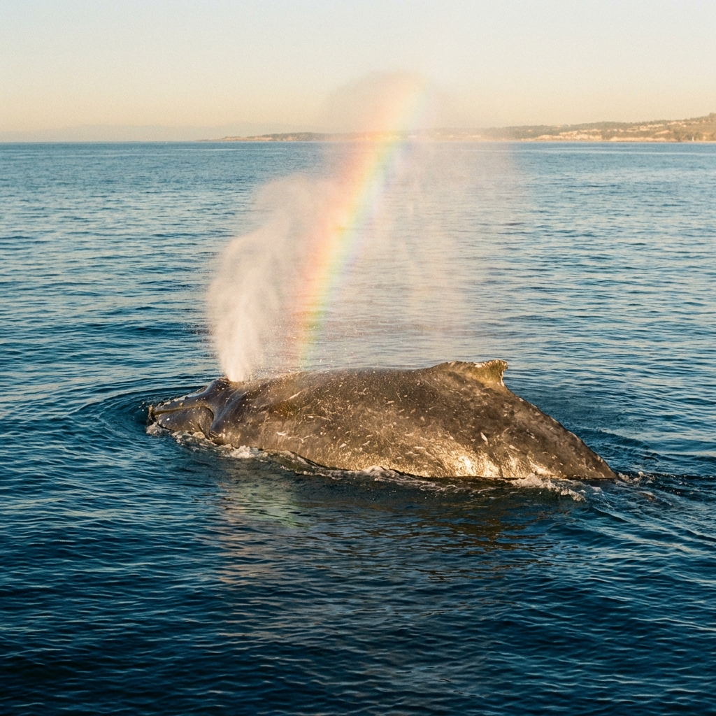 Rainbow appearing in the mist of a humpback whale blowhole spray in Kauai waters
