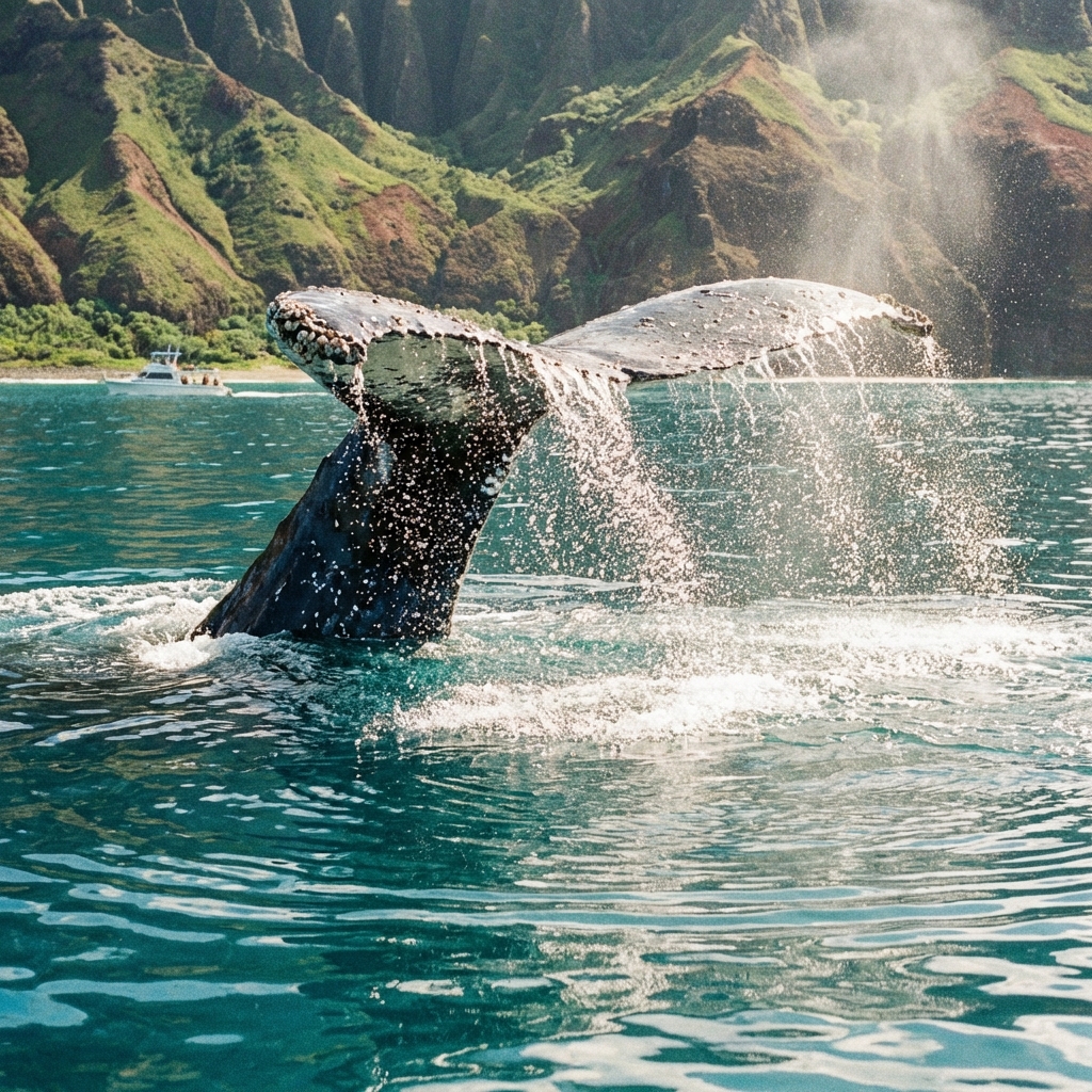 Massive humpback whale tail slapping the turquoise ocean surface in Kauai